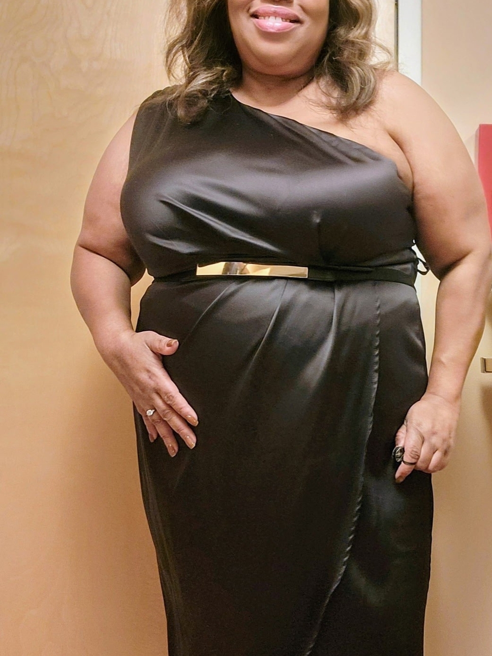 City Chic One-Shoulder Black Satin Dress with Gold Bar Belt